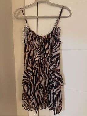 Catalina Sheer Zebra-Print Slip Dress in Black, Brown & Cream